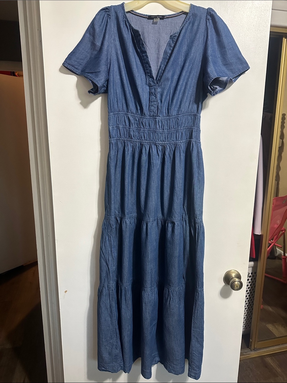 Tommy Hilfiger Denim Blue Tiered MidiDress with Puff Sleeves